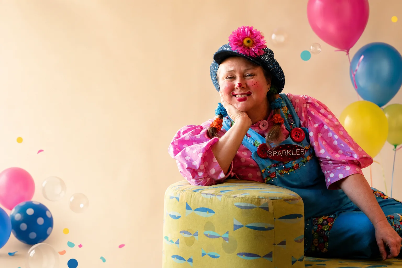 Sparkles the Clown smiling beside colorful balloons on a warm cream background