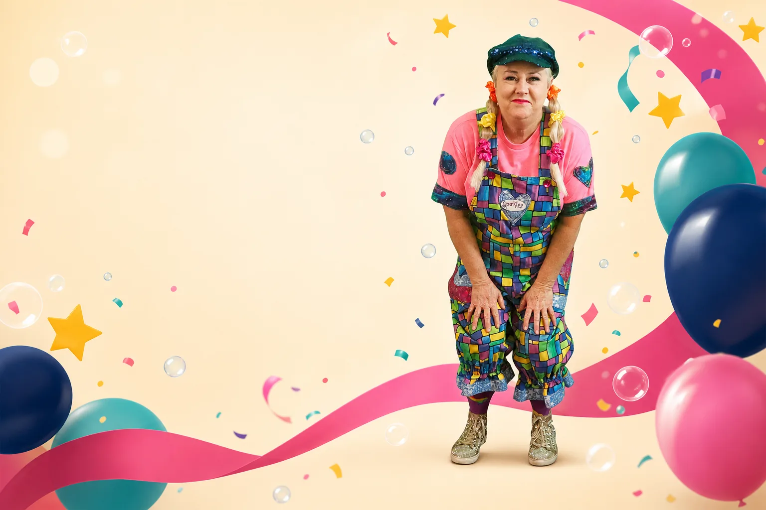 Sparkles the Clown standing among colorful balloons, stars, bubbles, and confetti